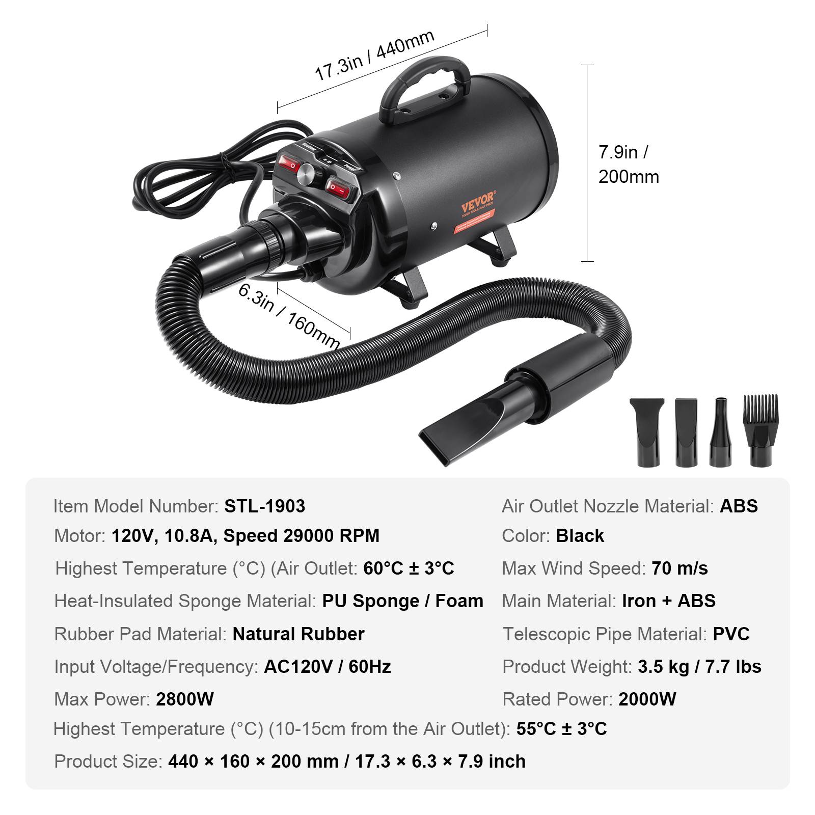 VEVOR Pulseur pour Chien 2000W, Vitesse/Température Réglables, 4 Buses, Tuyau Extensible. - Image 7