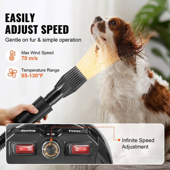 VEVOR Pulseur pour Chien 2000W, Vitesse/Température Réglables, 4 Buses, Tuyau Extensible. - Image 4