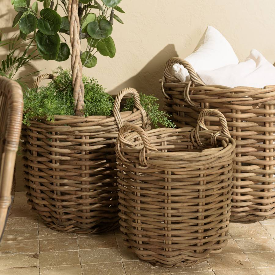 Macabane - KALLY - Set de 3 paniers de rangement ronds en rotin naturel - Imagen 3