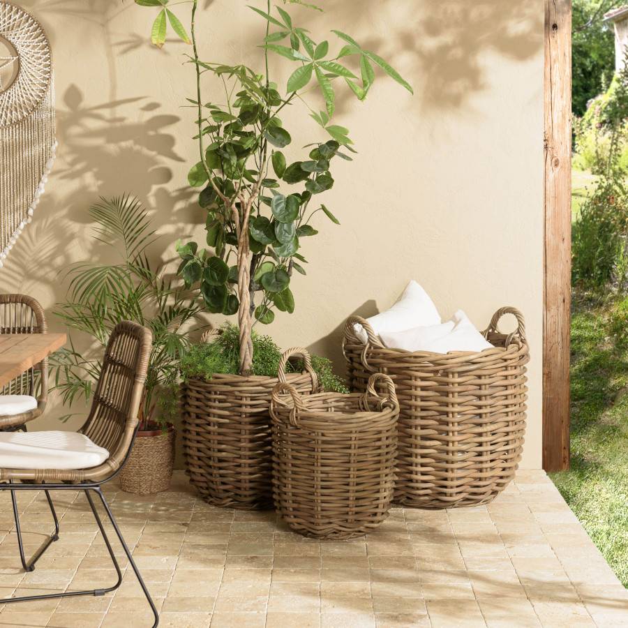 Macabane - KALLY - Set de 3 paniers de rangement ronds en rotin naturel - Imagen 2