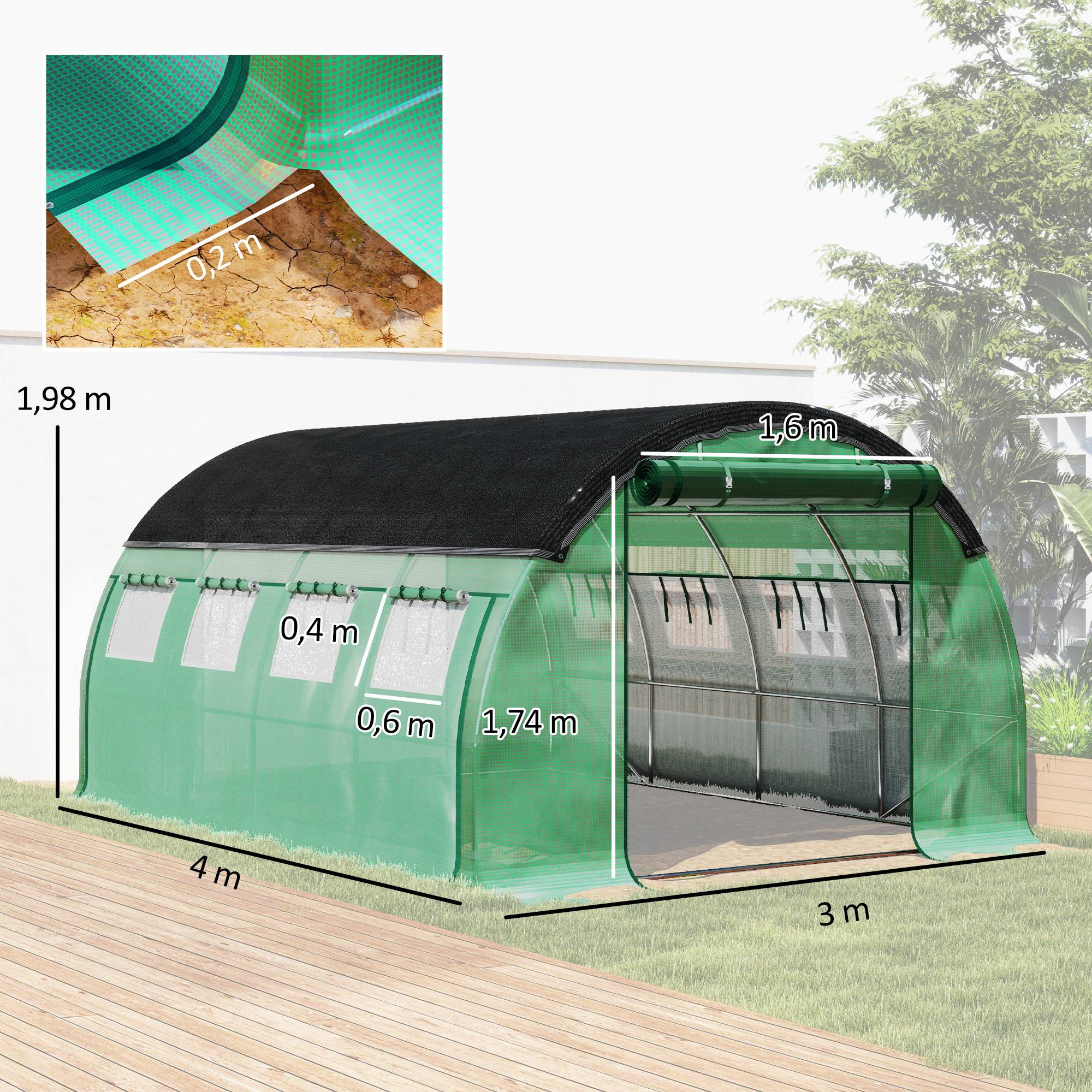 Polytunnel 4 x 3 x 2 m, filet d'ombrage, parois enroulables, bâche plastique, cadre acier, Vert - Image 5