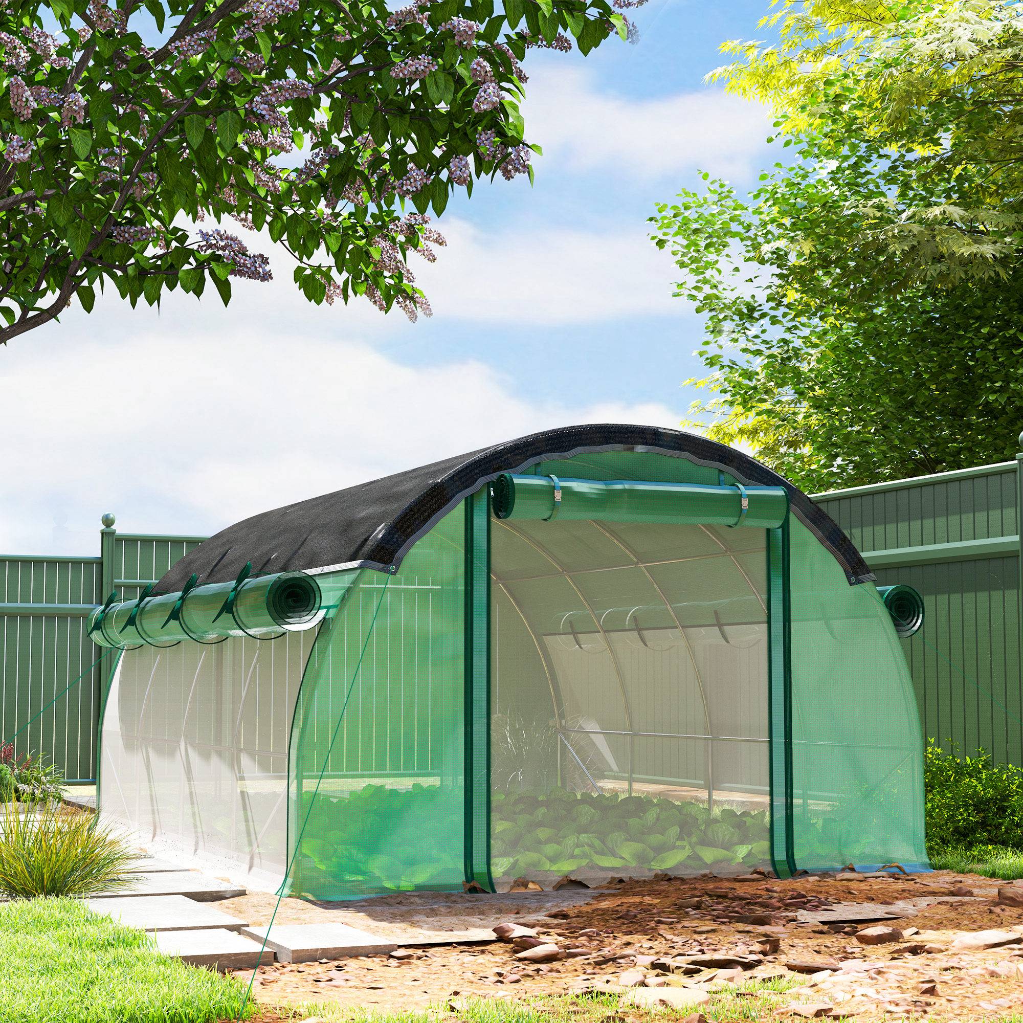 Polytunnel 4 x 3 x 2 m, filet d'ombrage, parois enroulables, bâche plastique, cadre acier, Vert - Image 4