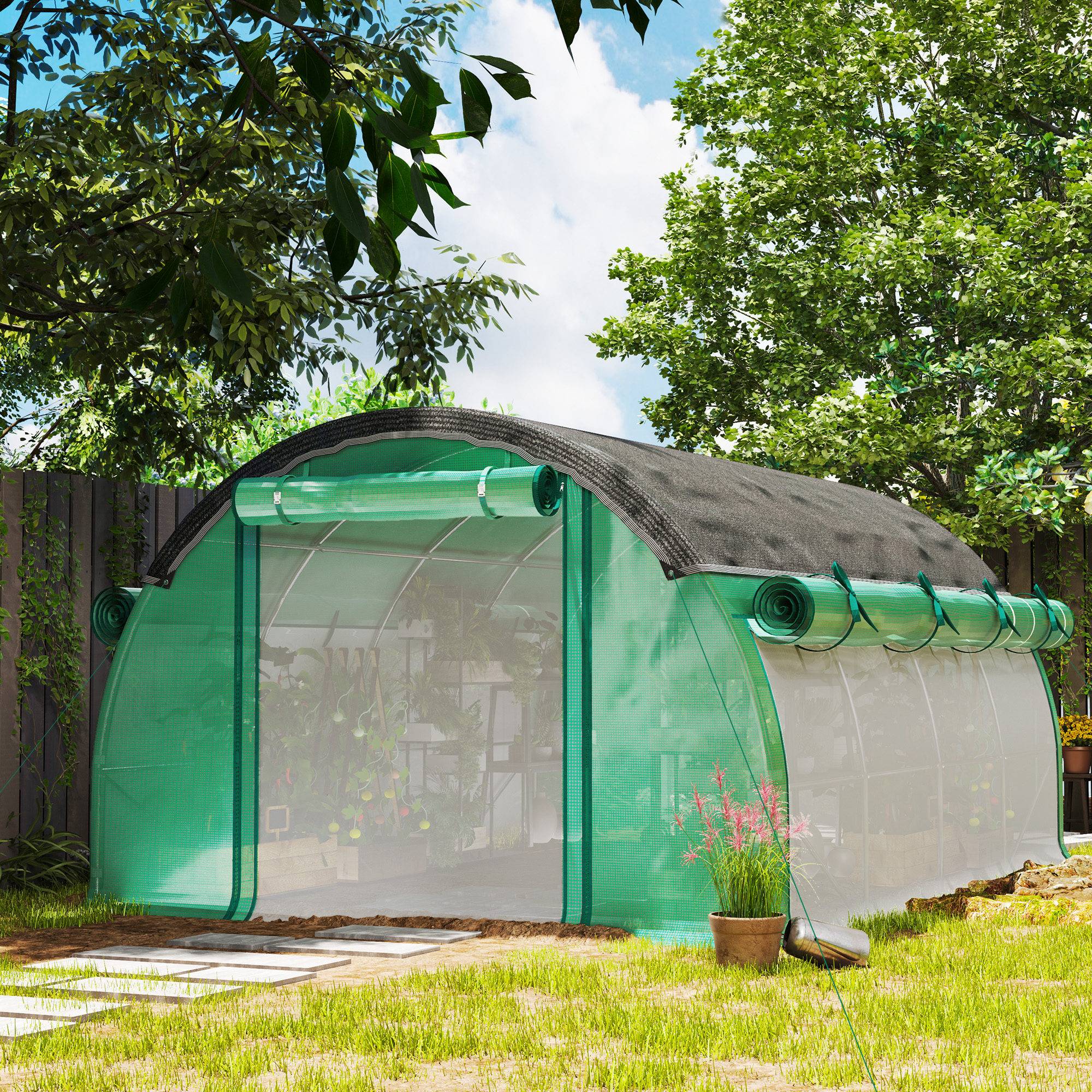 Polytunnel 4 x 3 x 2 m, filet d'ombrage, parois enroulables, bâche plastique, cadre acier, Vert - Image 3