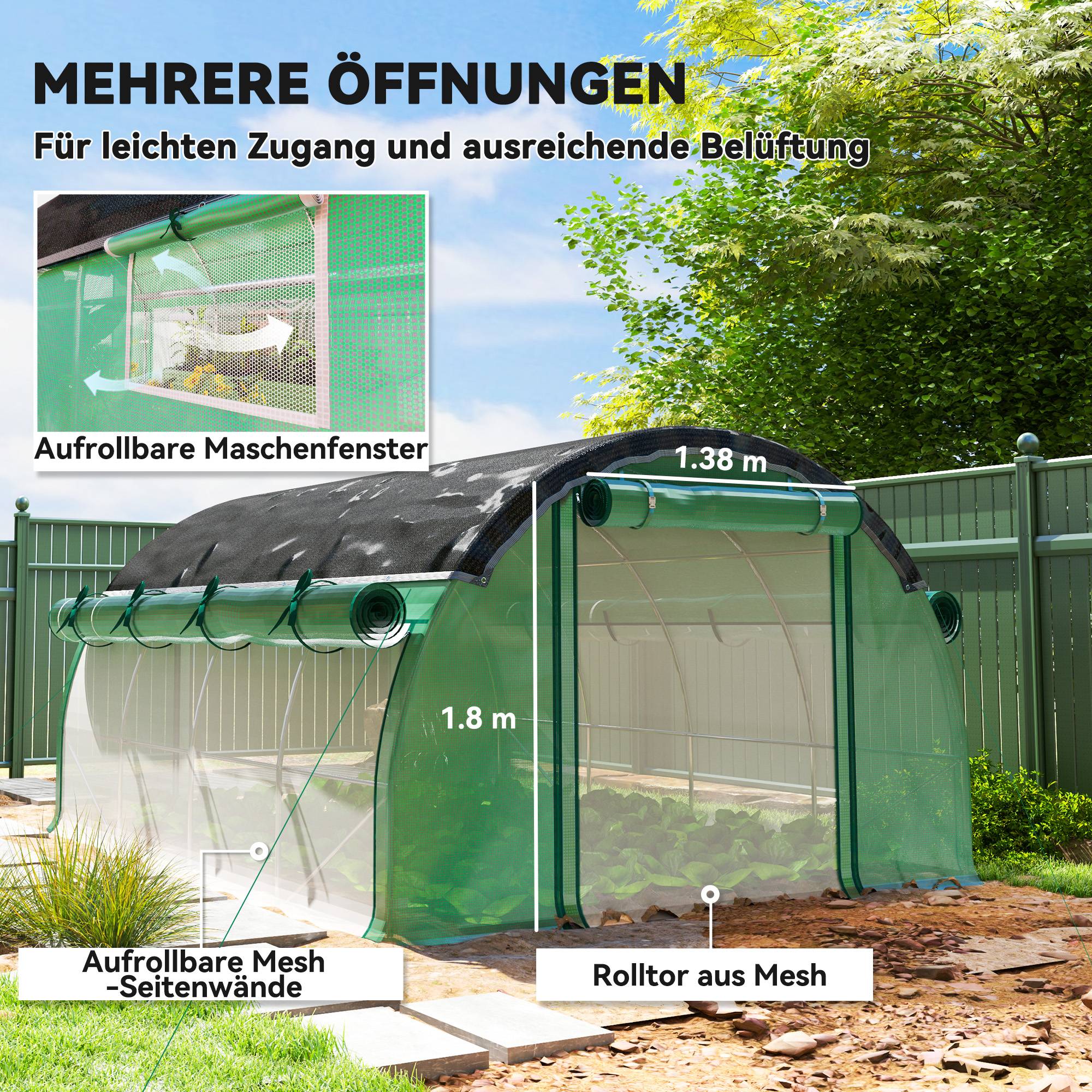 Polytunnel 4 x 3 x 2 m, filet d'ombrage, parois enroulables, bâche plastique, cadre acier, Vert - Image 7
