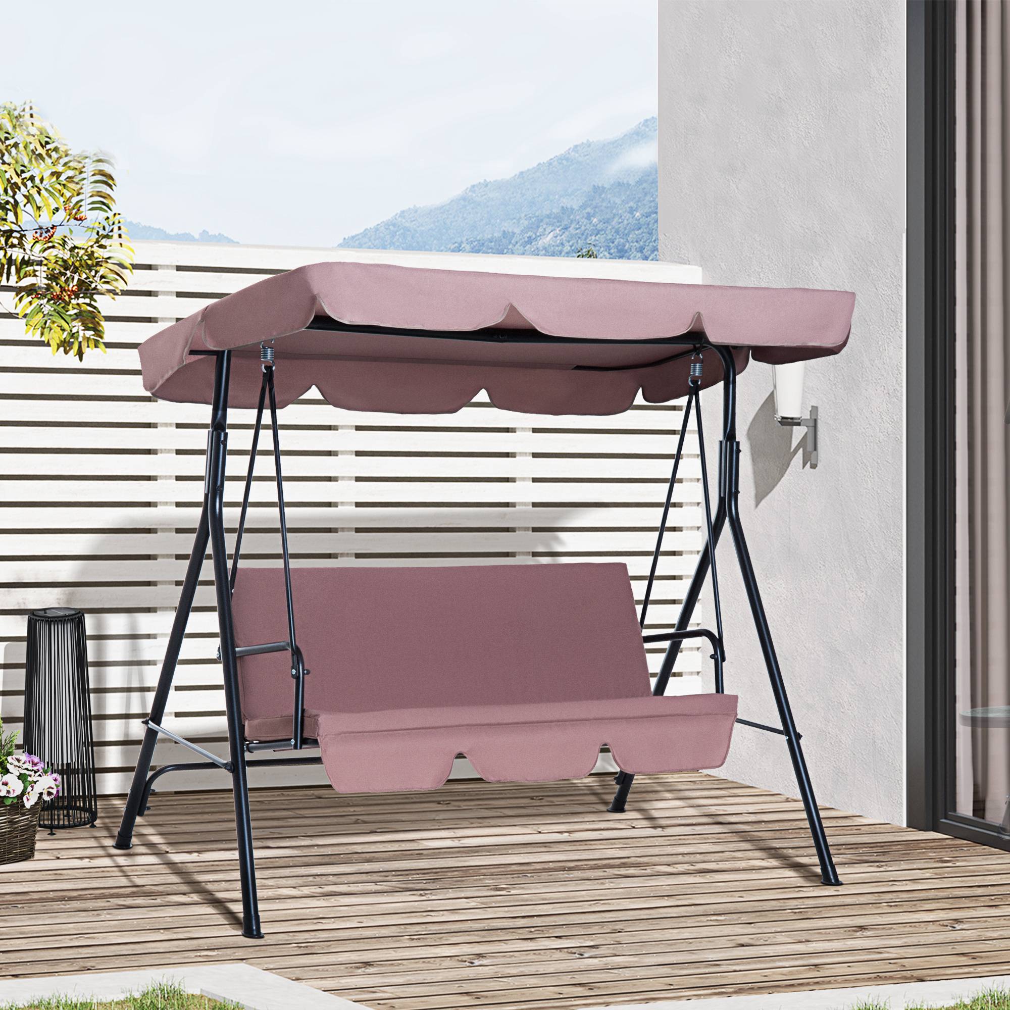 Outsunny - Balancelle de jardin 3 places toit inclinaison réglable coussins assise et dossier 1,72L x 1,1l x 1,52H m acier noir polyester marron clair - Outsunny - Imagen 2