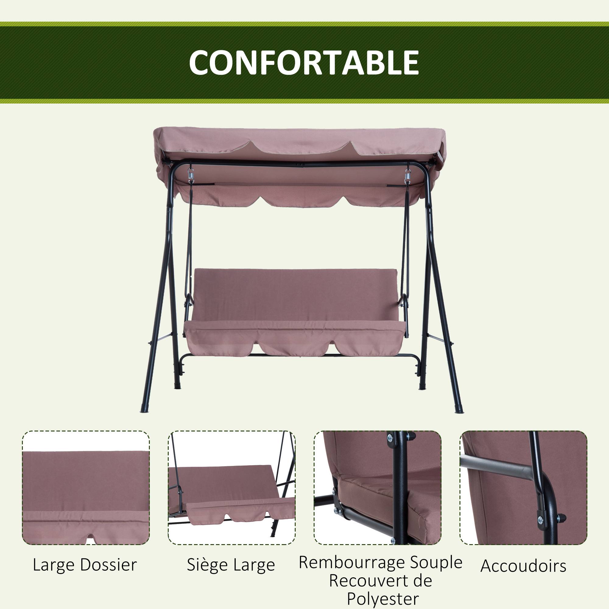 Outsunny - Balancelle de jardin 3 places toit inclinaison réglable coussins assise et dossier 1,72L x 1,1l x 1,52H m acier noir polyester marron clair - Outsunny - Imagen 6