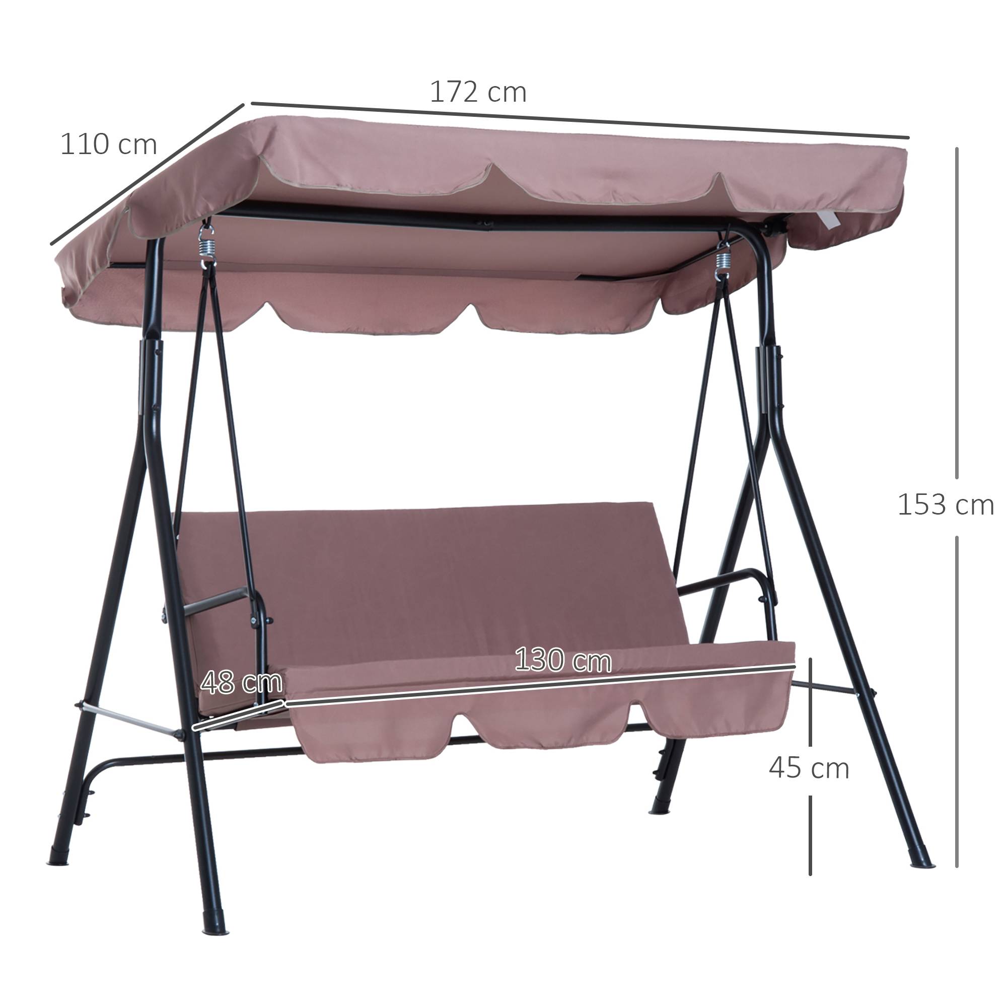 Outsunny - Balancelle de jardin 3 places toit inclinaison réglable coussins assise et dossier 1,72L x 1,1l x 1,52H m acier noir polyester marron clair - Outsunny - Imagen 3