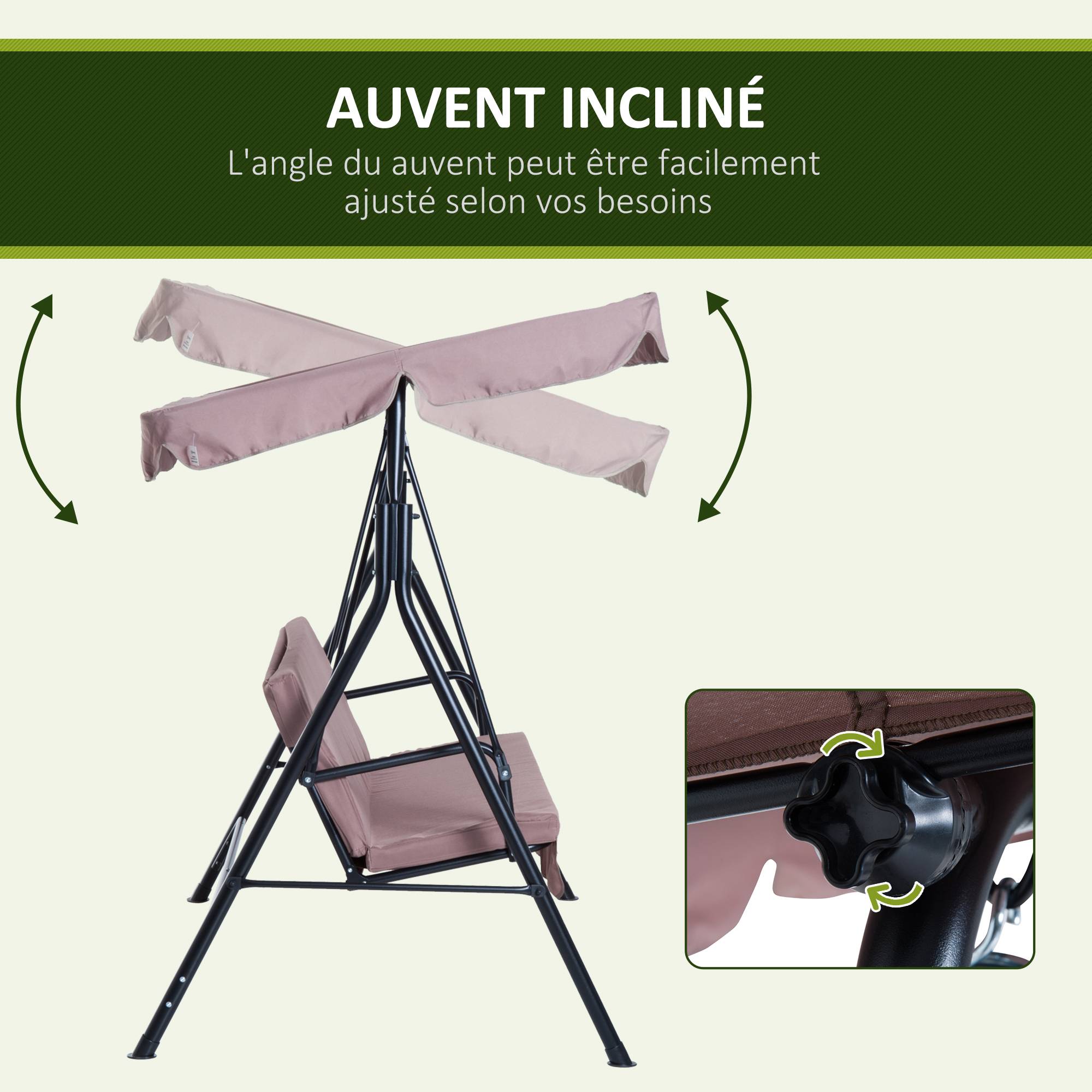 Outsunny - Balancelle de jardin 3 places toit inclinaison réglable coussins assise et dossier 1,72L x 1,1l x 1,52H m acier noir polyester marron clair - Outsunny - Imagen 4