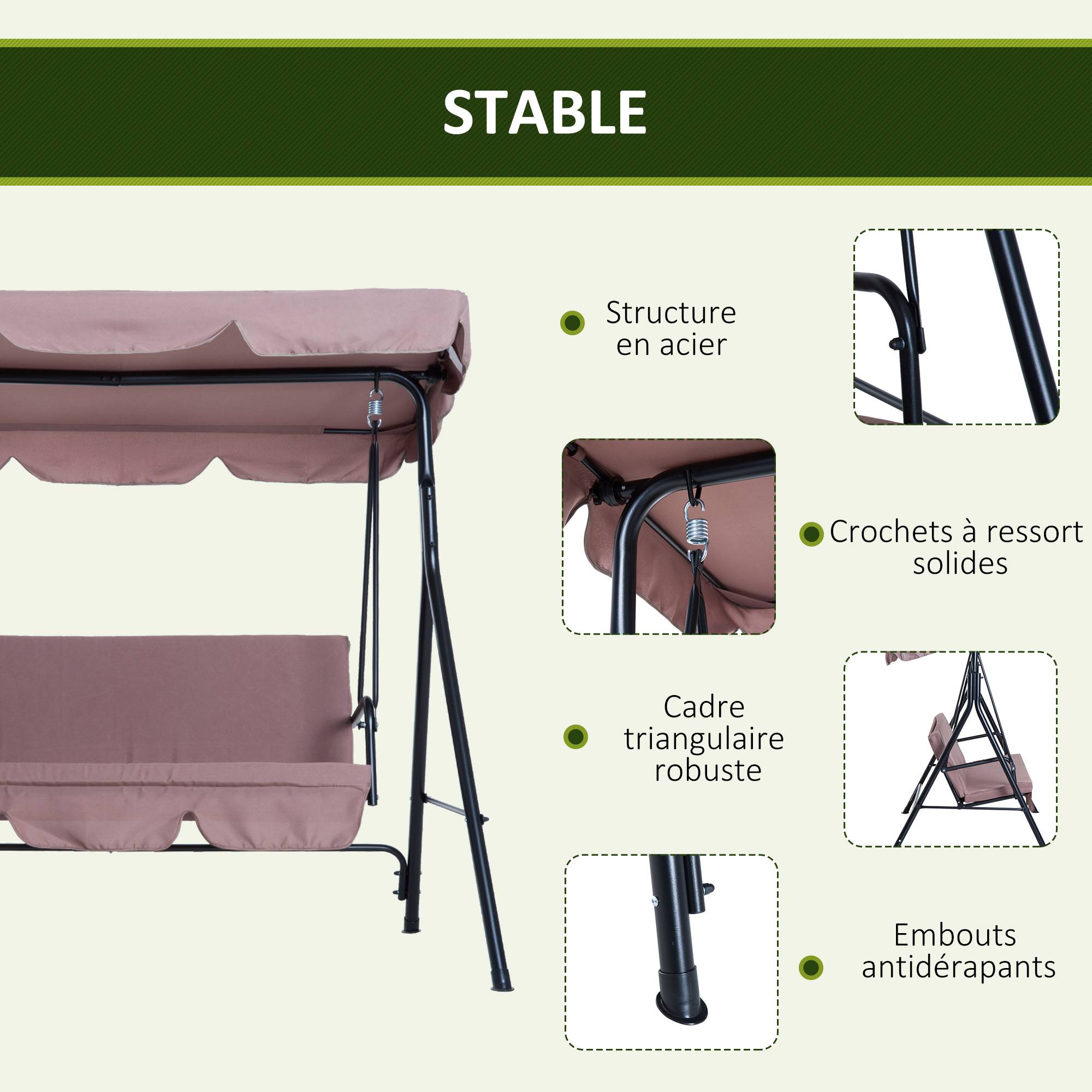 Outsunny - Balancelle de jardin 3 places toit inclinaison réglable coussins assise et dossier 1,72L x 1,1l x 1,52H m acier noir polyester marron clair - Outsunny - Imagen 7
