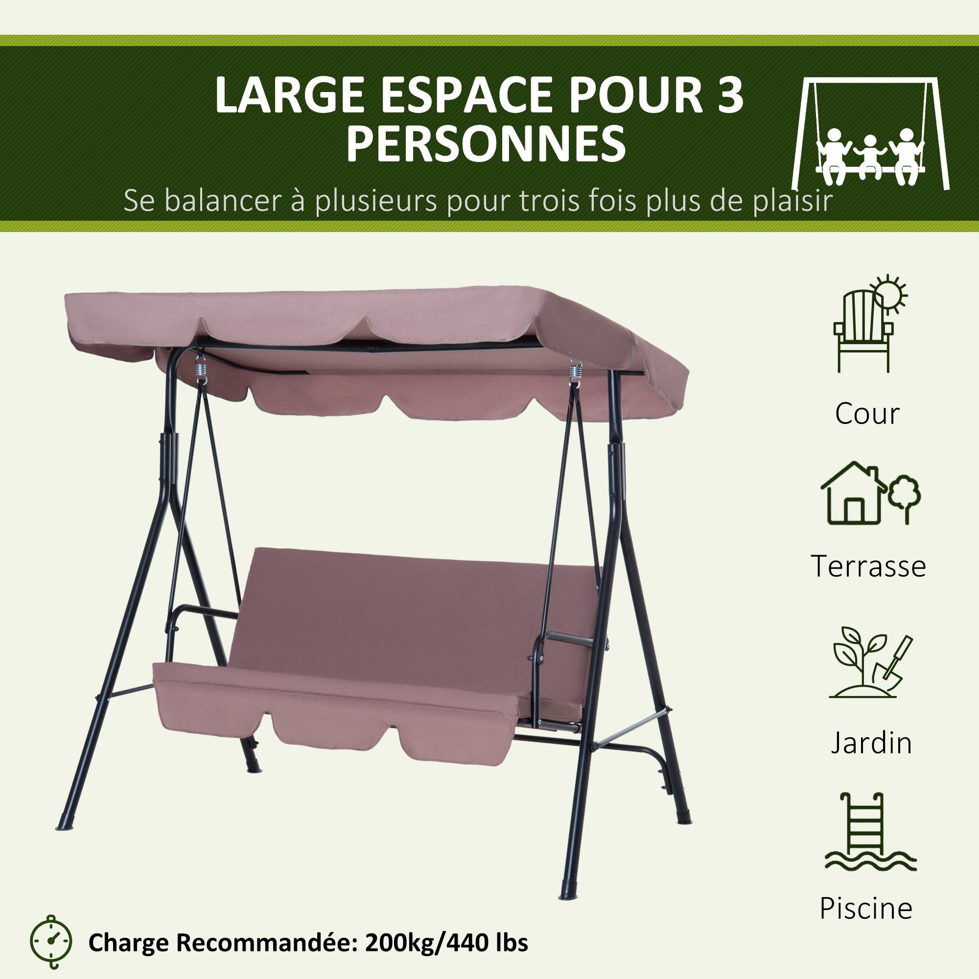 Outsunny - Balancelle de jardin 3 places toit inclinaison réglable coussins assise et dossier 1,72L x 1,1l x 1,52H m acier noir polyester marron clair - Outsunny - Imagen 5