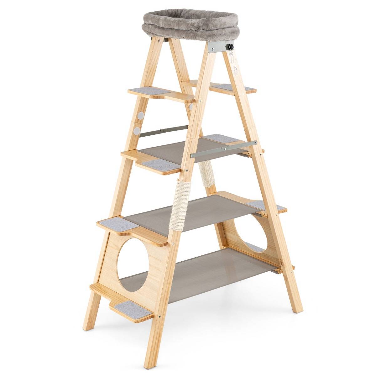 Arbre à Chat en Bois Meuble Pliable avec Échelle Tour Haute en Pin Massif à 5 Niveaux - Image 2