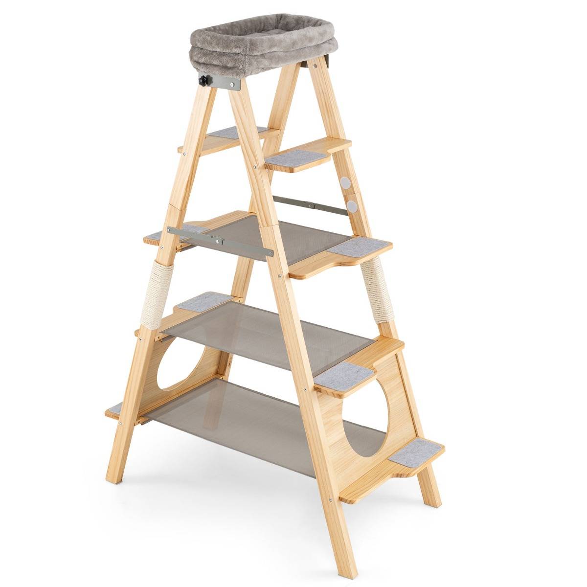 Arbre à Chat en Bois Meuble Pliable avec Échelle Tour Haute en Pin Massif à 5 Niveaux - Image 1
