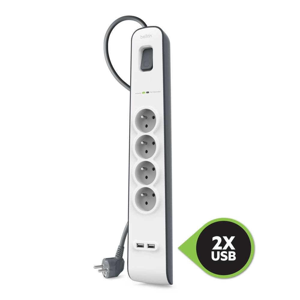 Belkin - MULTIPRISE PARAFOUDRE 4 PRISES AVEC 2 PORTS USB INTÉGRÉS - Imagen 1