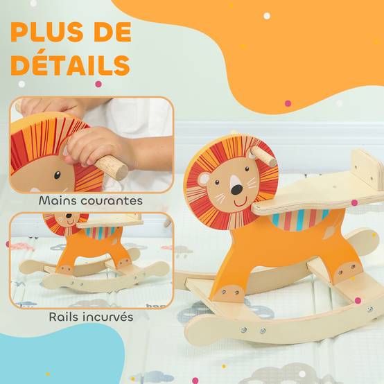 Cheval à bascule pour enfants, lion jouet à bascule bébé en bois avec guidon et base stable, 59 x 27 x 43 cm, orange - Image 7