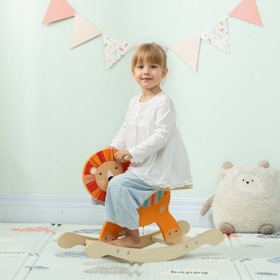 Cheval à bascule pour enfants, lion jouet à bascule bébé en bois avec guidon et base stable, 59 x 27 x 43 cm, orange - Image 3