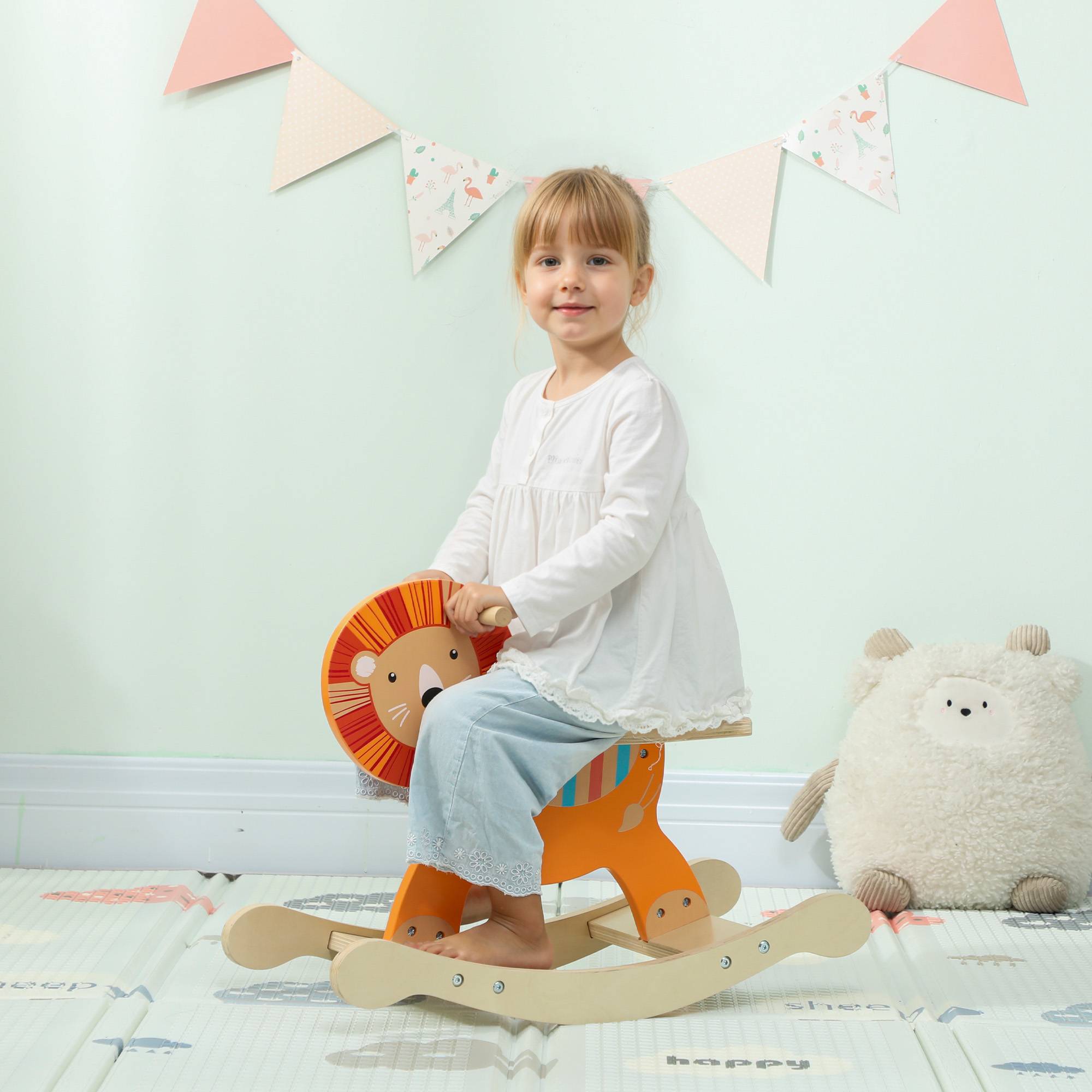 Cheval à bascule pour enfants, lion jouet à bascule bébé en bois avec guidon et base stable, 59 x 27 x 43 cm, orange - Image 3