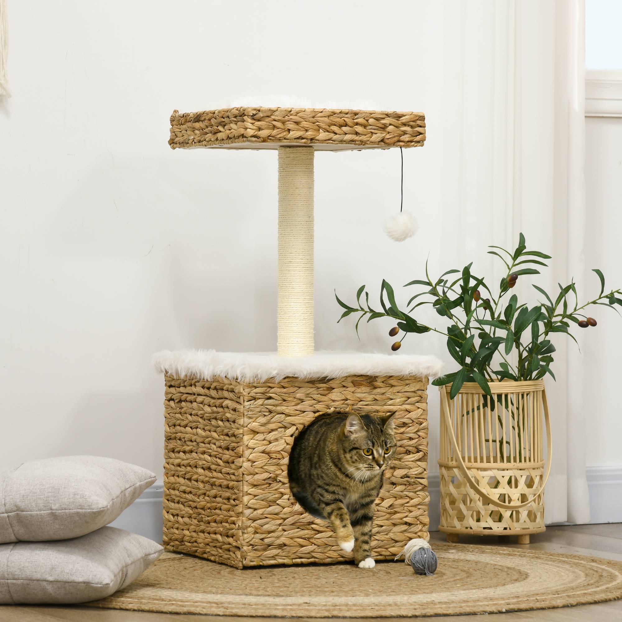 Pawhut - Arbre à chat style cosy chic griffoir sisal niche plateforme d'observation boule jacinthe d'eau peluche aspect fourrure - Imagen 2