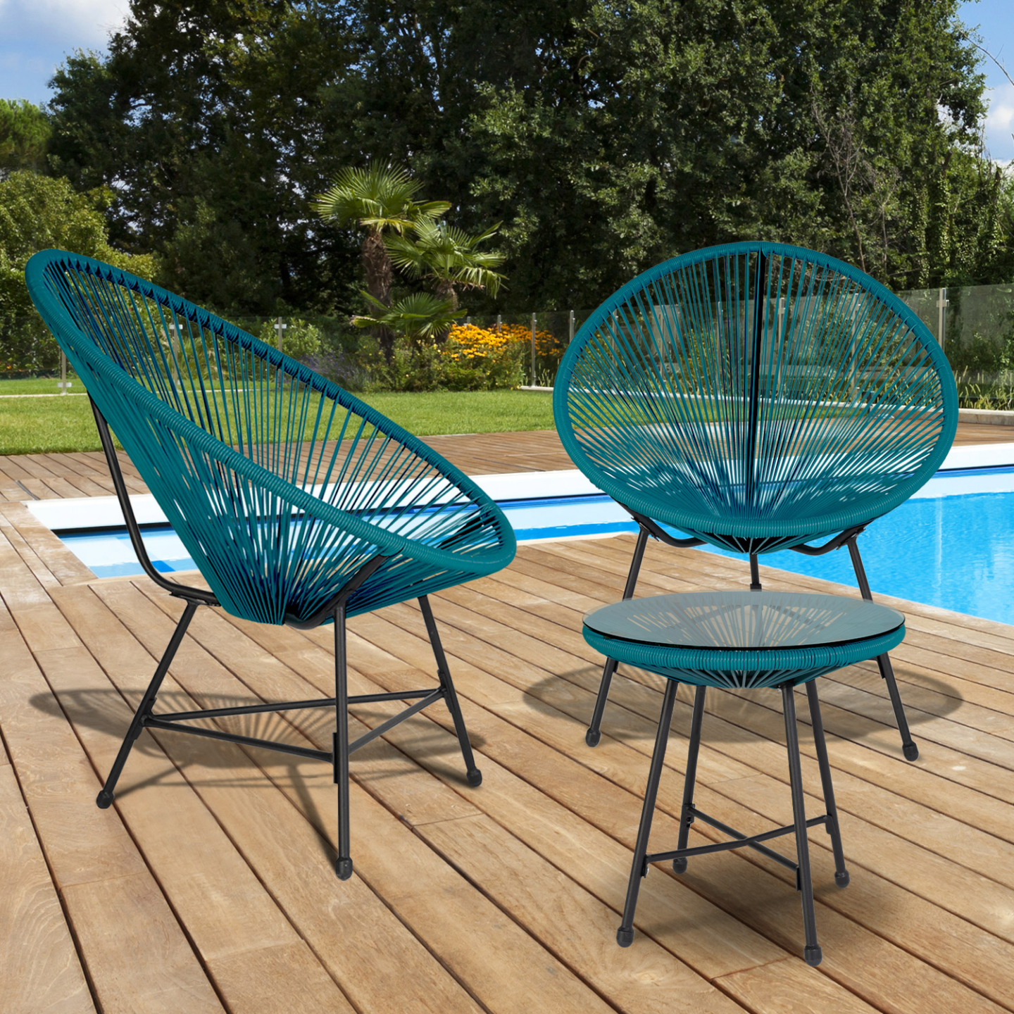 IDMARKET - Salon de jardin IZMIR table et 2 fauteuils oeuf cordage bleu canard - Image 1