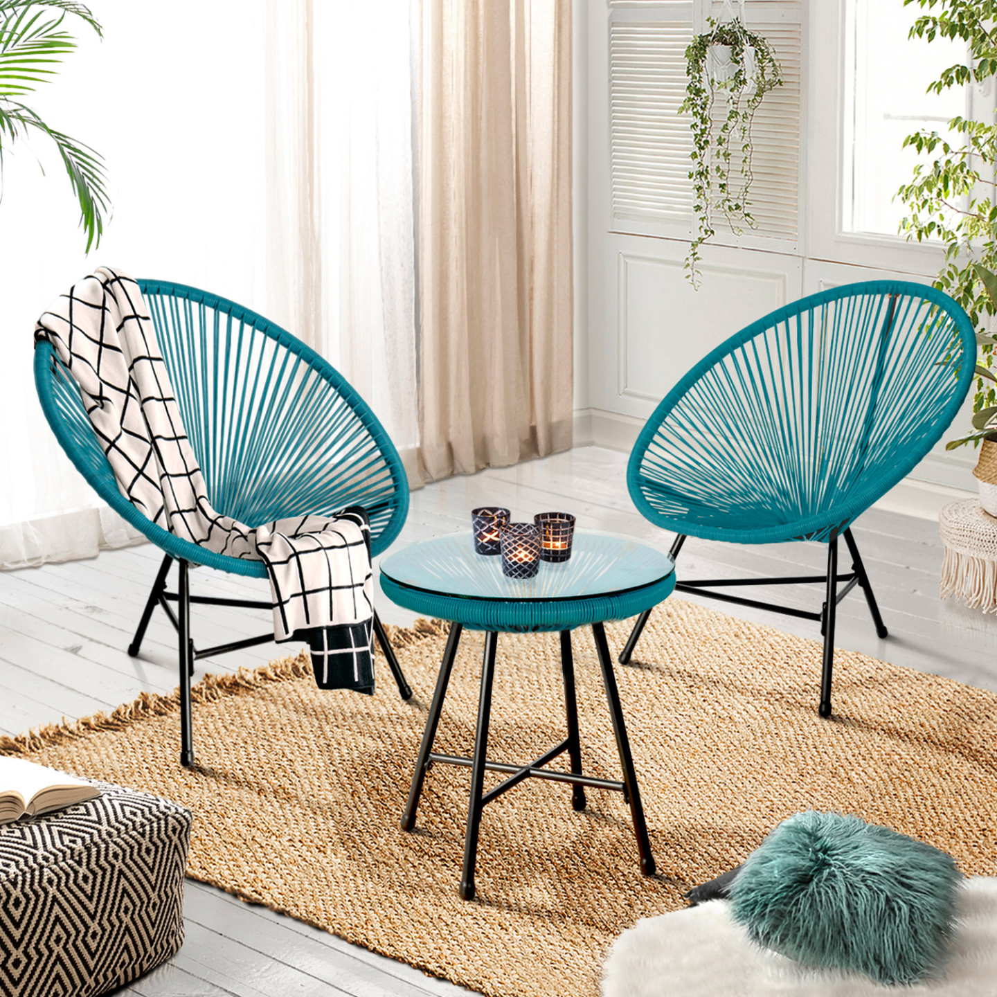 IDMARKET - Salon de jardin IZMIR table et 2 fauteuils oeuf cordage bleu canard - Image 6