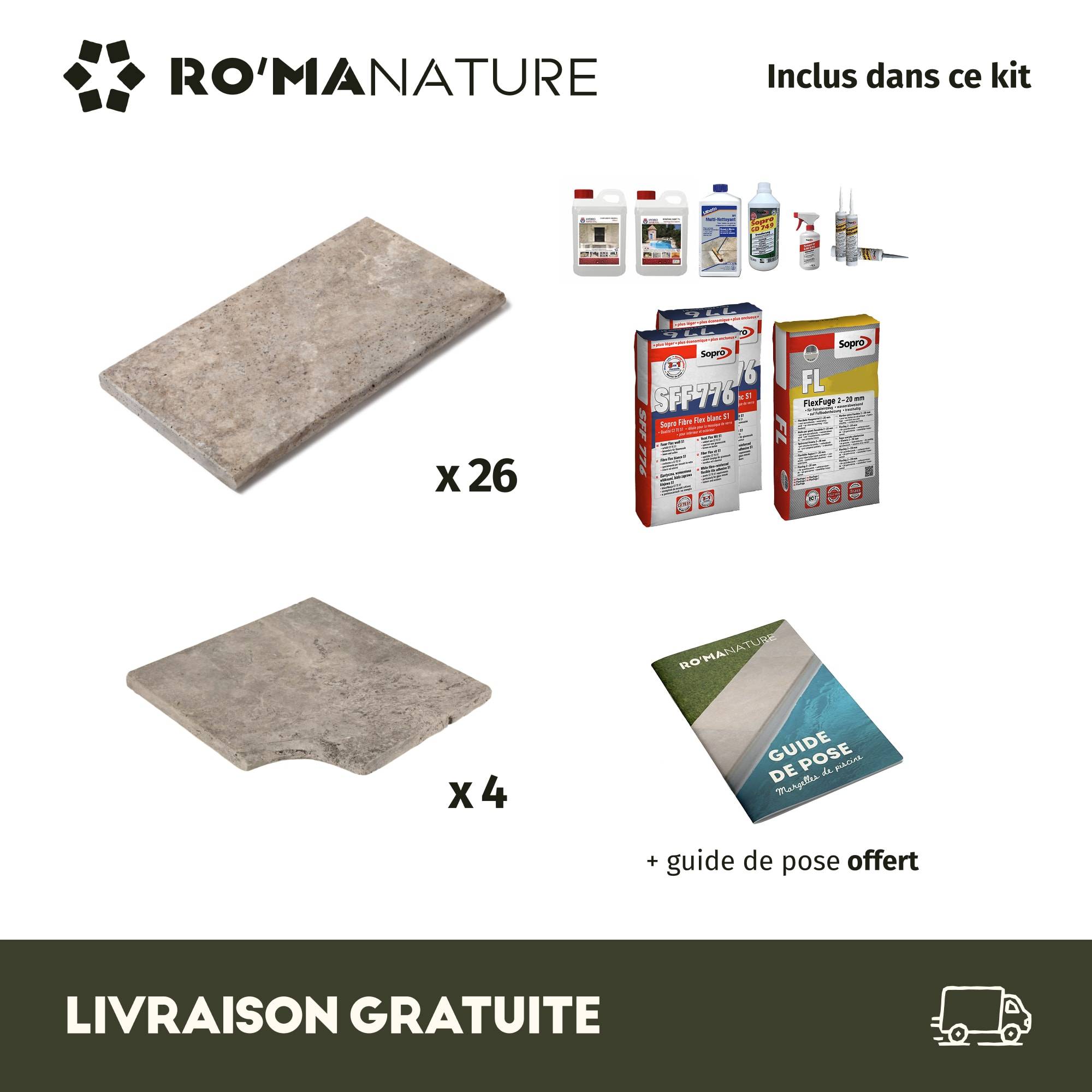 RO'MA Nature - KIT COMPLET - Margelles pour piscine 4x4m en Travertin Gris (avec colle, joint, hydrofuge ...) - RO'MA NATURE - Image 3
