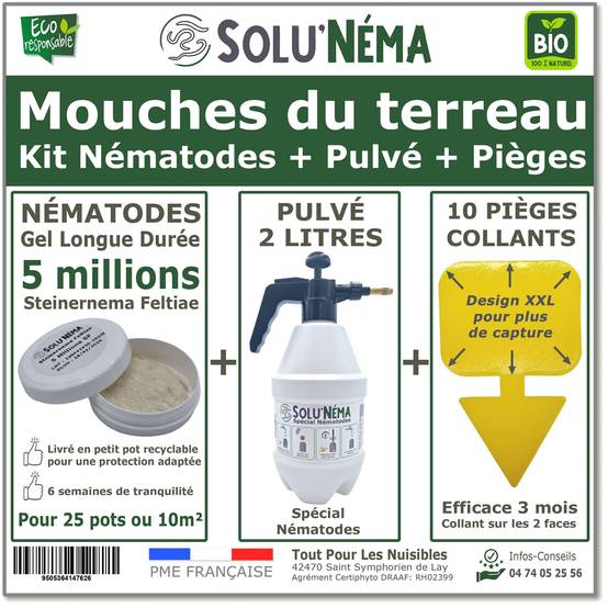 Solunéma - Kit complet anti-mouche du terreau - 5 millions nématodes (SF) + pulvérisateur 2 L+ 10 pièges jaunes collants XXL - Image 1