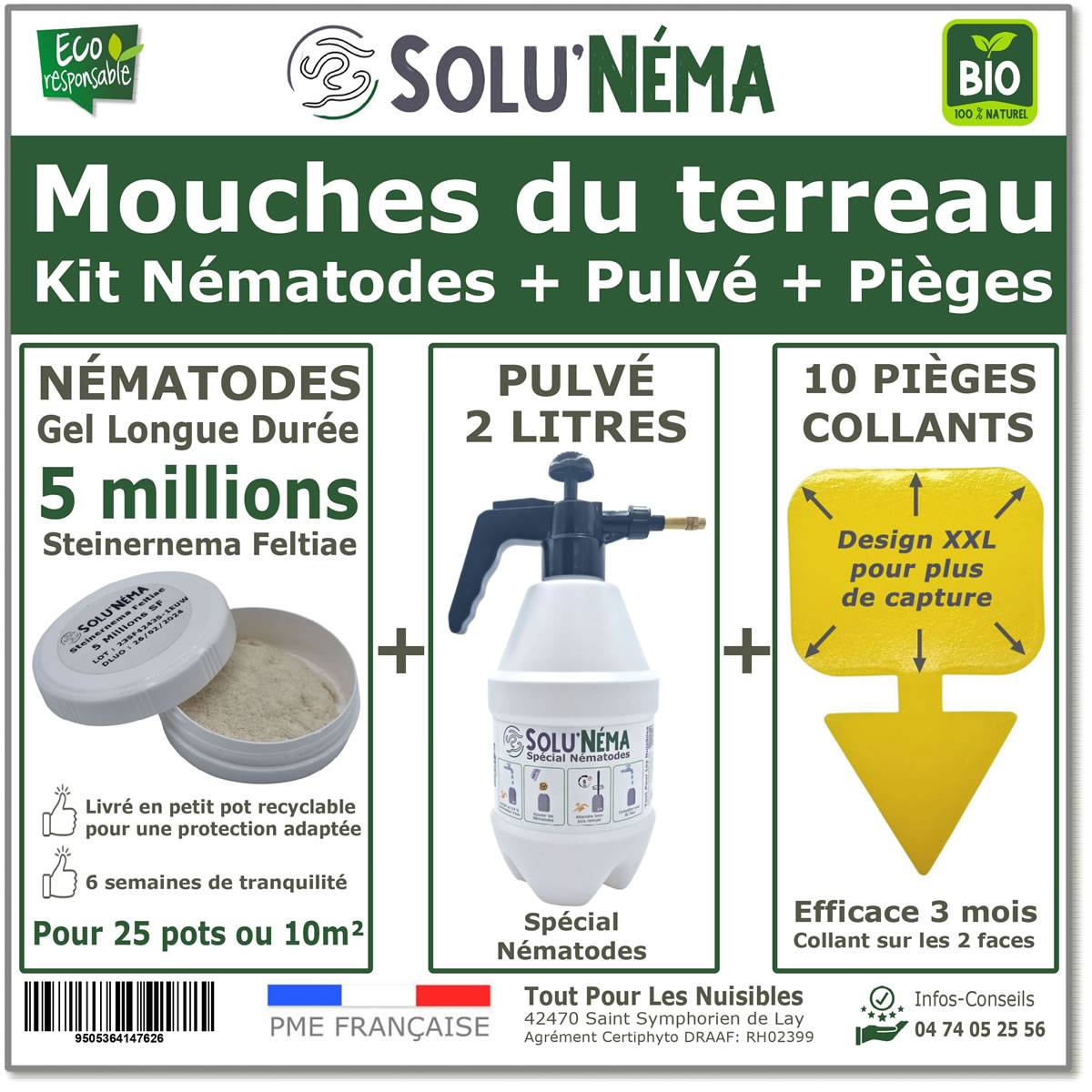 Solunéma - Kit complet anti-mouche du terreau - 5 millions nématodes (SF) + pulvérisateur 2 L+ 10 pièges jaunes collants XXL - Image 1