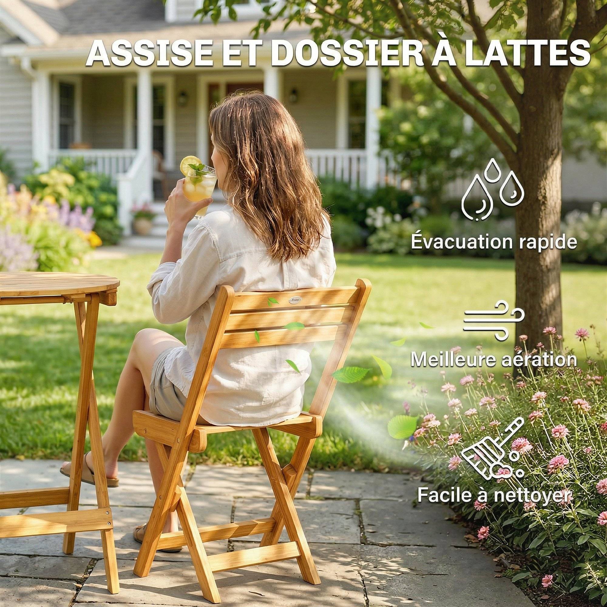 Ensemble de Bistrot 3 Pièces Pliable en Bois d'Acacia avec Table Ronde et 2 Chaises, san Montage, 60x60x75cm, Naturel - Image 9