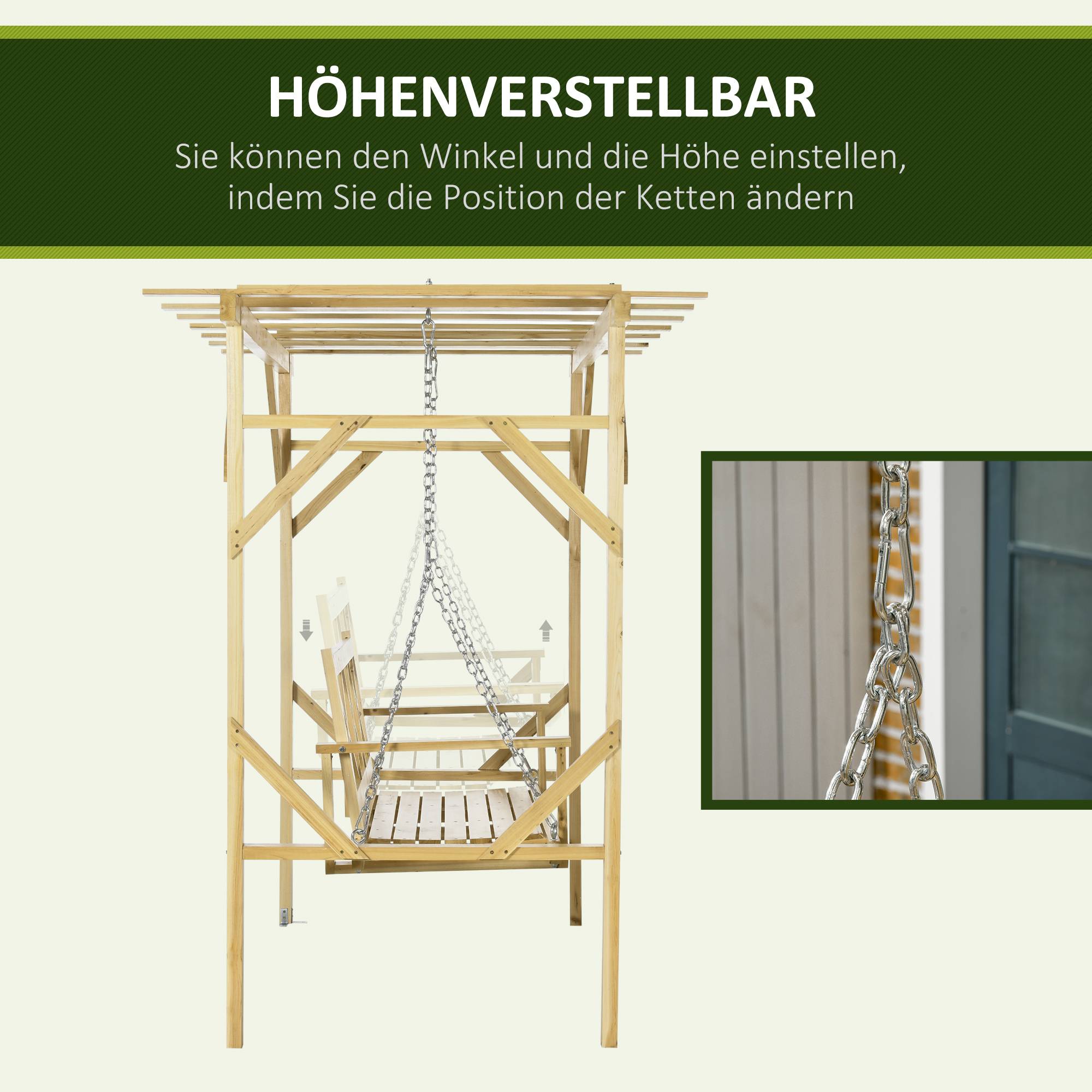 Balancelle pergola Bois sapin Jardin terrasse Hauteur réglable 221x140x196cm Naturel - ComfortXL Outdoor Living - Image 7