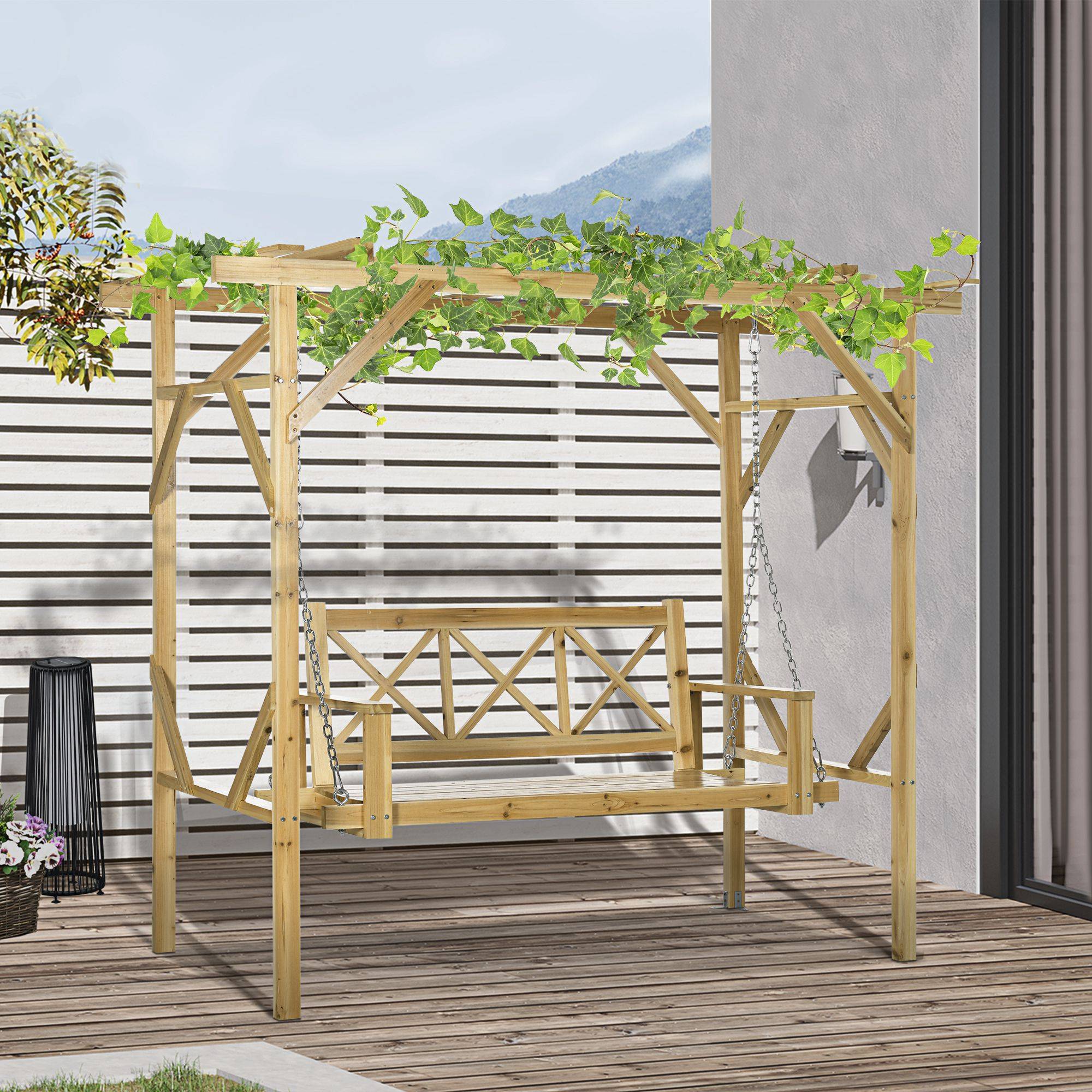 Balancelle pergola Bois sapin Jardin terrasse Hauteur réglable 221x140x196cm Naturel - ComfortXL Outdoor Living - Image 4