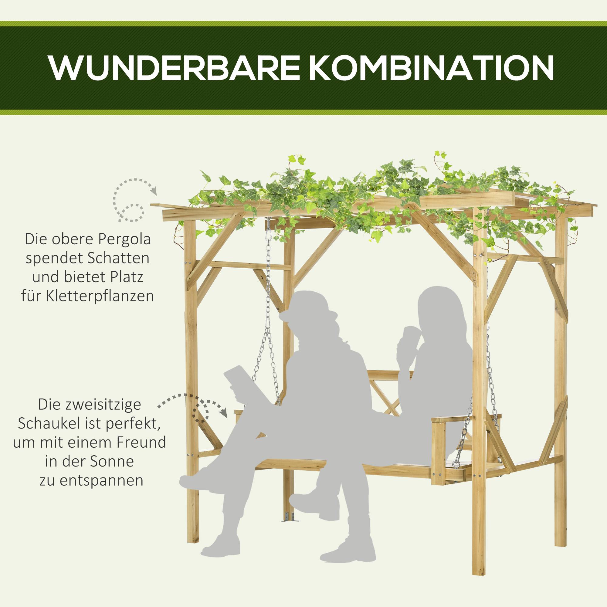 Balancelle pergola Bois sapin Jardin terrasse Hauteur réglable 221x140x196cm Naturel - ComfortXL Outdoor Living - Image 6
