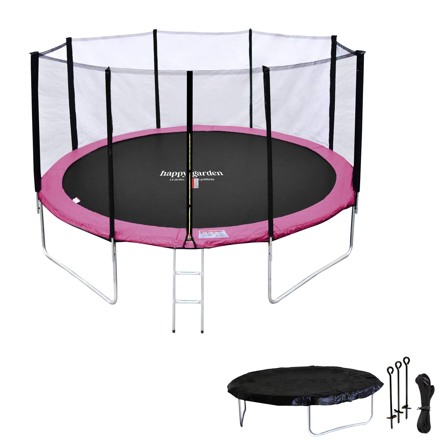 Happy Garden - Pack Premium Trampoline 370cm réversible gris / rose PERTH + filet, échelle, bâche et kit d'ancrage - HAPPY GARDEN - Imagen 2