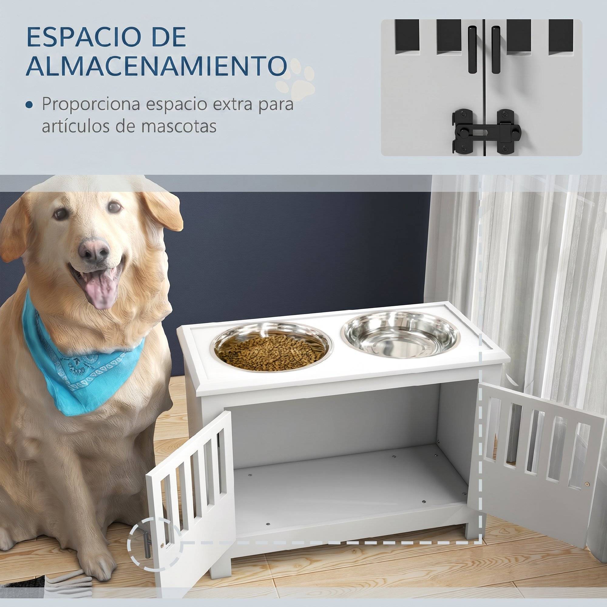 Gamelle surélevée pour chien avec 2 bols en acier inoxydable (2 x 2 L), un espace de rangement de 37 L et 2 portes à loquet, blanche. - Image 7
