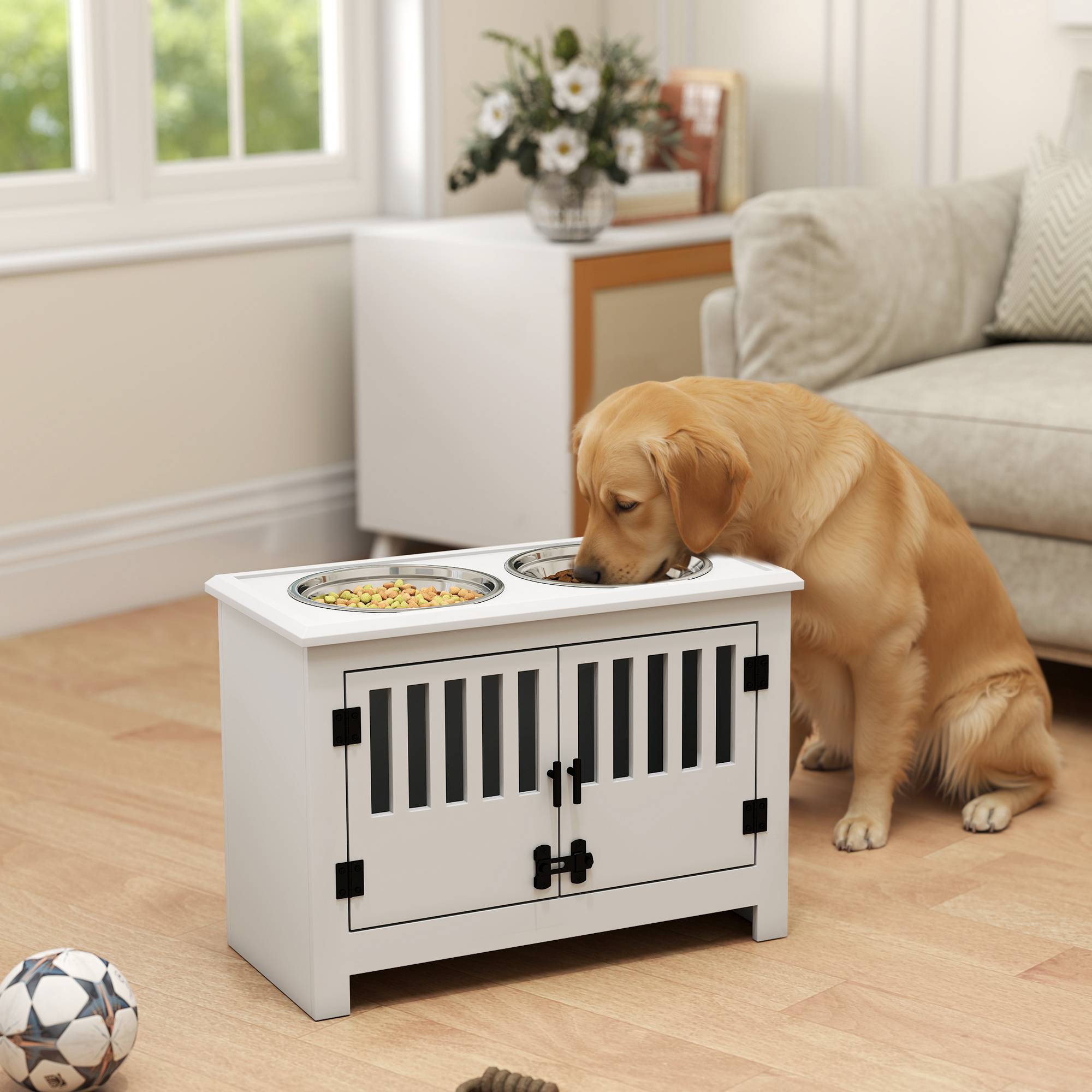 Gamelle surélevée pour chien avec 2 bols en acier inoxydable (2 x 2 L), un espace de rangement de 37 L et 2 portes à loquet, blanche. - Image 3