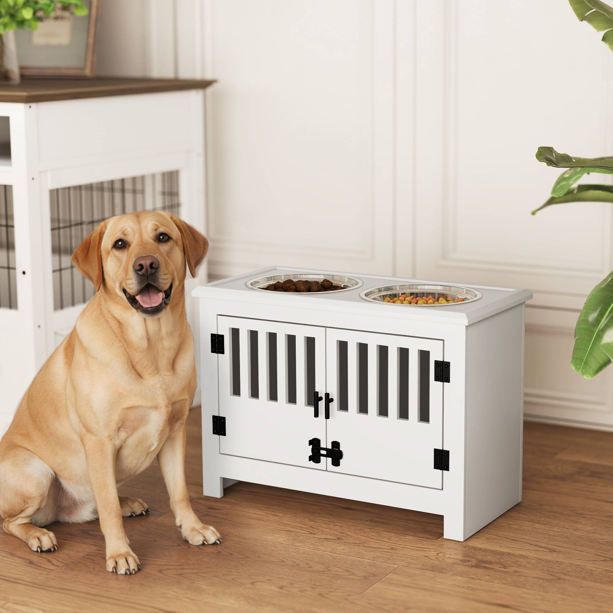 Gamelle surélevée pour chien avec 2 bols en acier inoxydable (2 x 2 L), un espace de rangement de 37 L et 2 portes à loquet, blanche. - Image 4