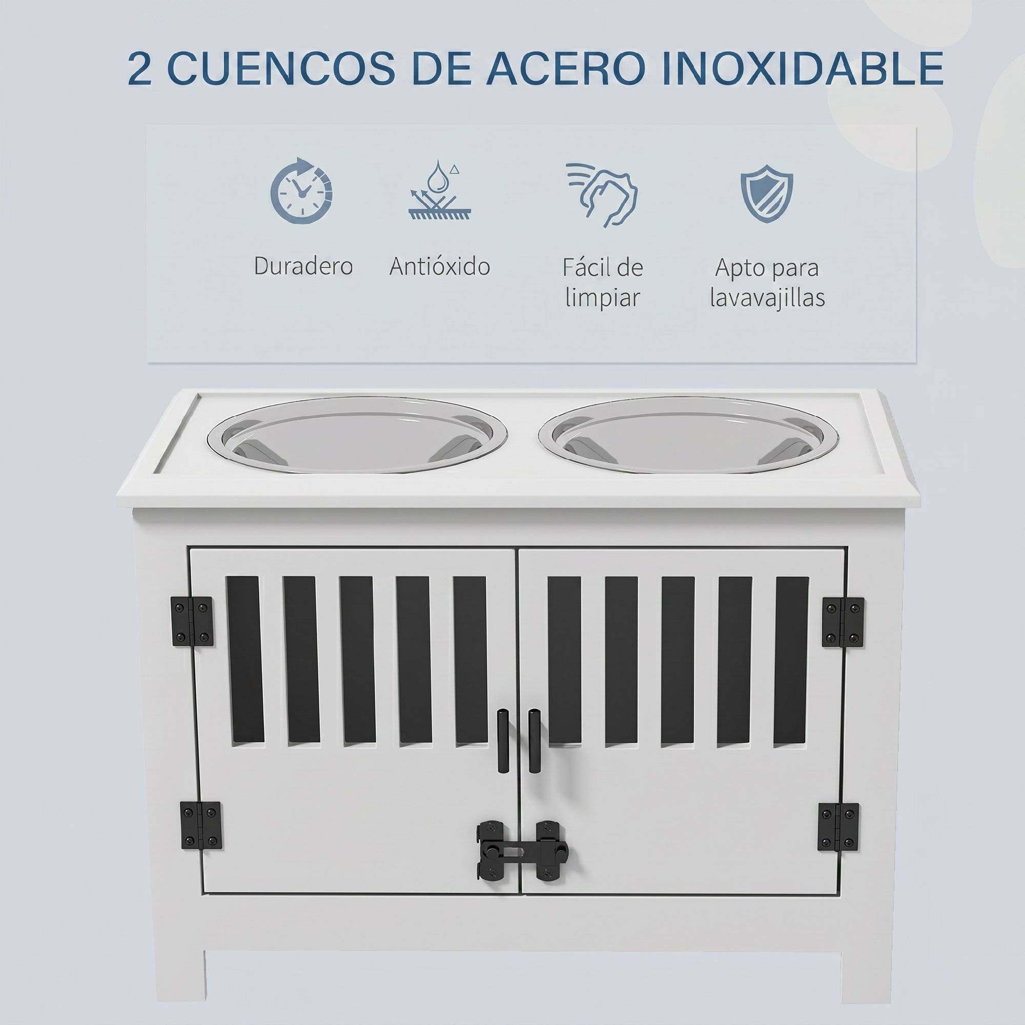 Gamelle surélevée pour chien avec 2 bols en acier inoxydable (2 x 2 L), un espace de rangement de 37 L et 2 portes à loquet, blanche. - Image 6