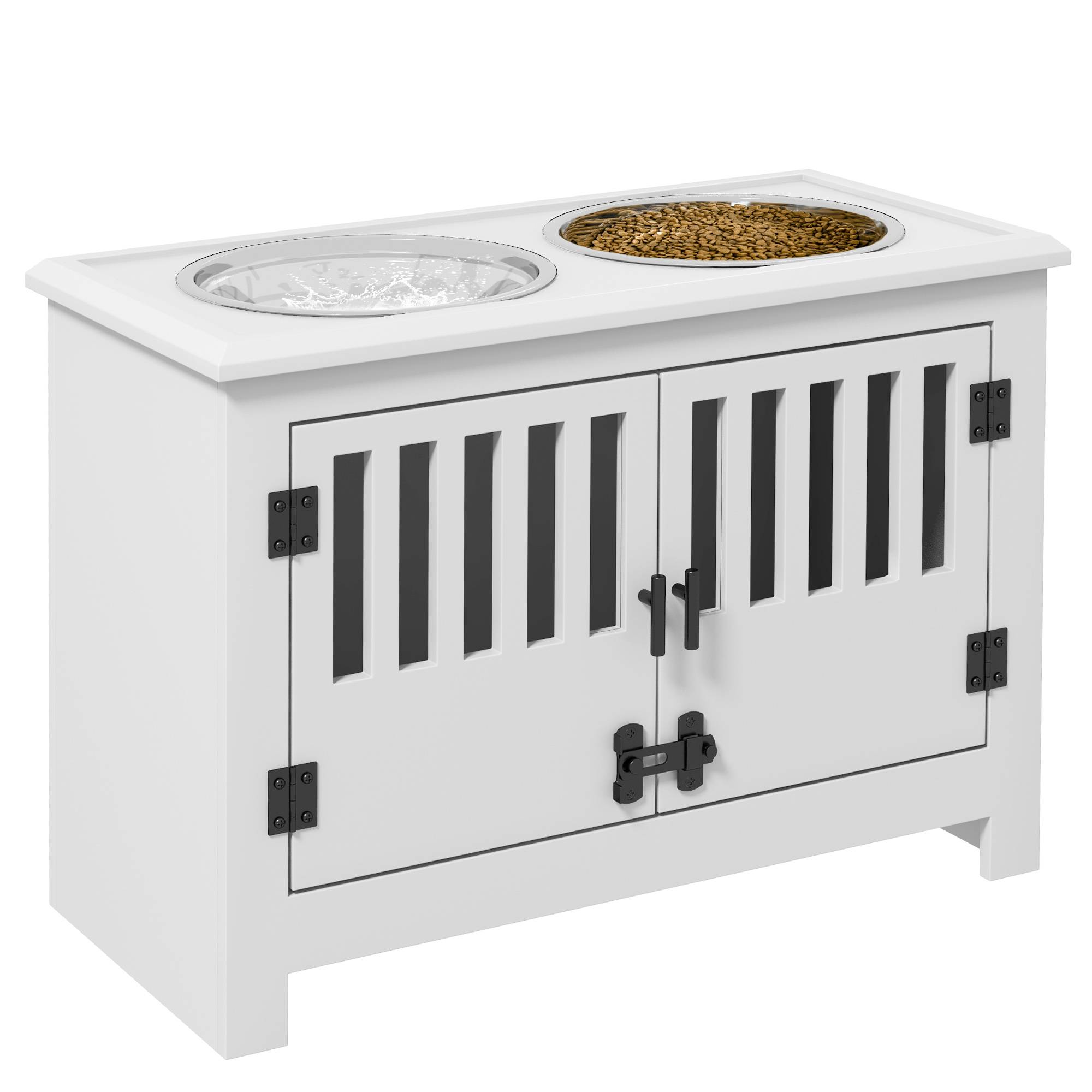 Gamelle surélevée pour chien avec 2 bols en acier inoxydable (2 x 2 L), un espace de rangement de 37 L et 2 portes à loquet, blanche. - Image 1