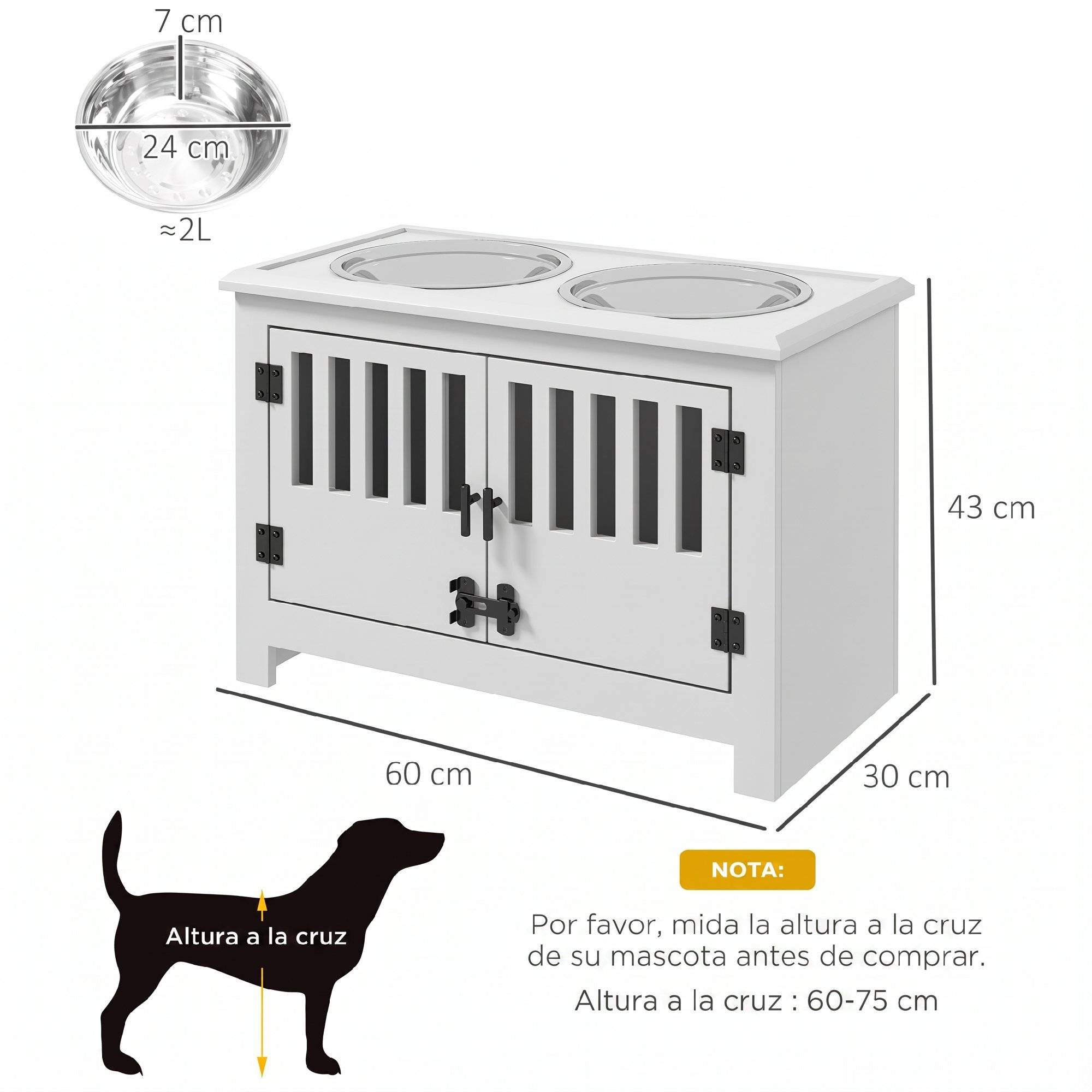 Gamelle surélevée pour chien avec 2 bols en acier inoxydable (2 x 2 L), un espace de rangement de 37 L et 2 portes à loquet, blanche. - Image 5
