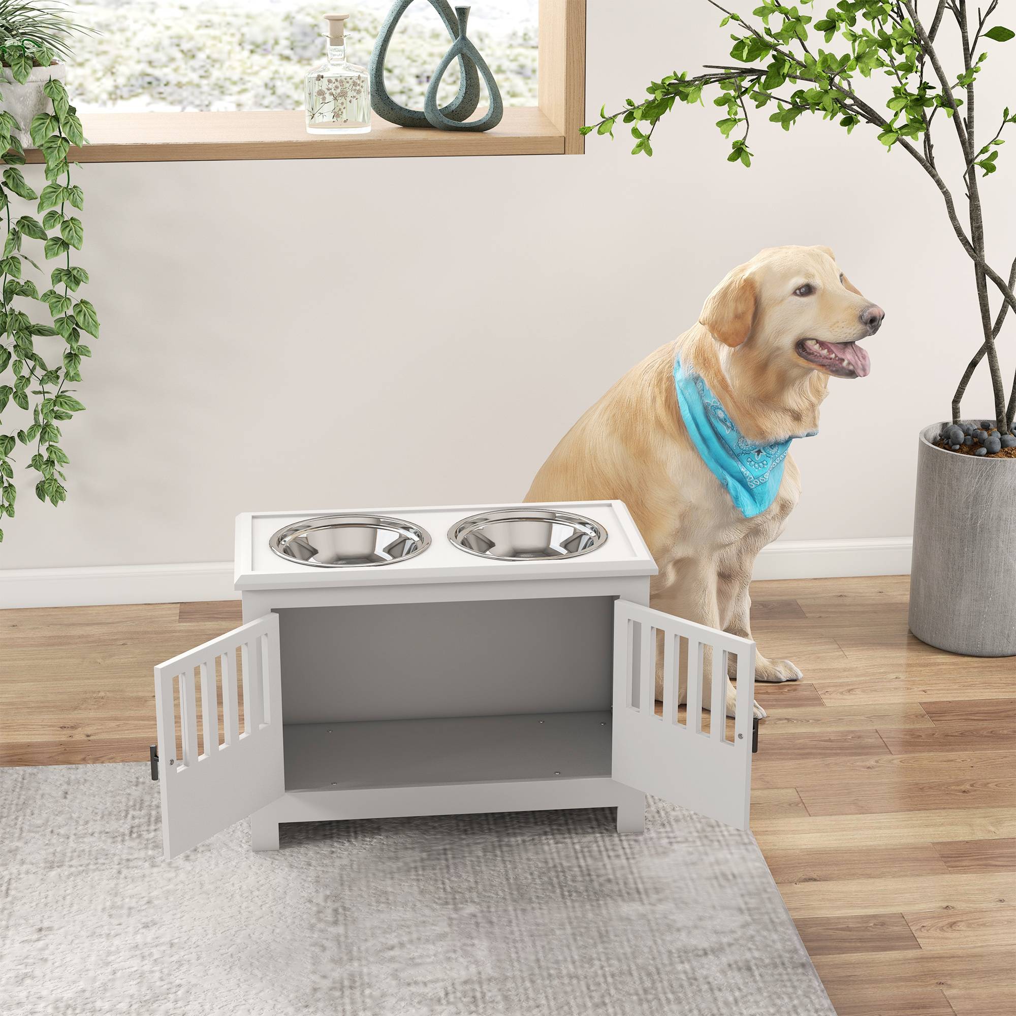 Gamelle surélevée pour chien avec 2 bols en acier inoxydable (2 x 2 L), un espace de rangement de 37 L et 2 portes à loquet, blanche. - Image 10