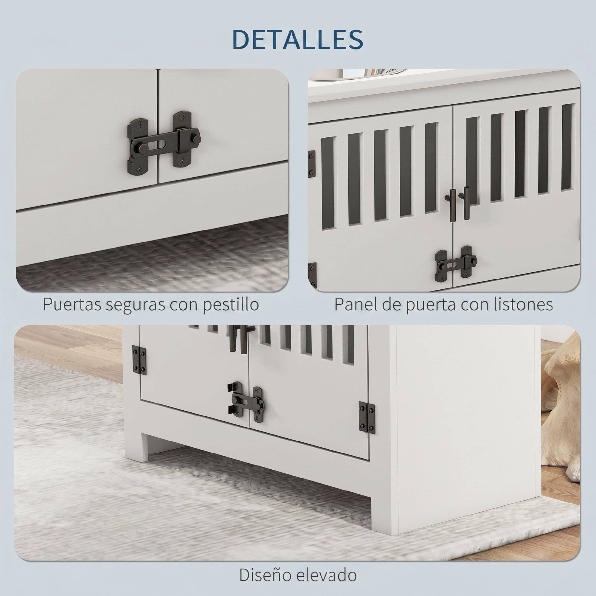 Gamelle surélevée pour chien avec 2 bols en acier inoxydable (2 x 2 L), un espace de rangement de 37 L et 2 portes à loquet, blanche. - Image 8