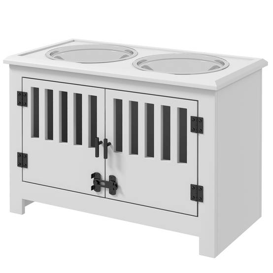 Gamelle surélevée pour chien avec 2 bols en acier inoxydable (2 x 2 L), un espace de rangement de 37 L et 2 portes à loquet, blanche. - Image 2