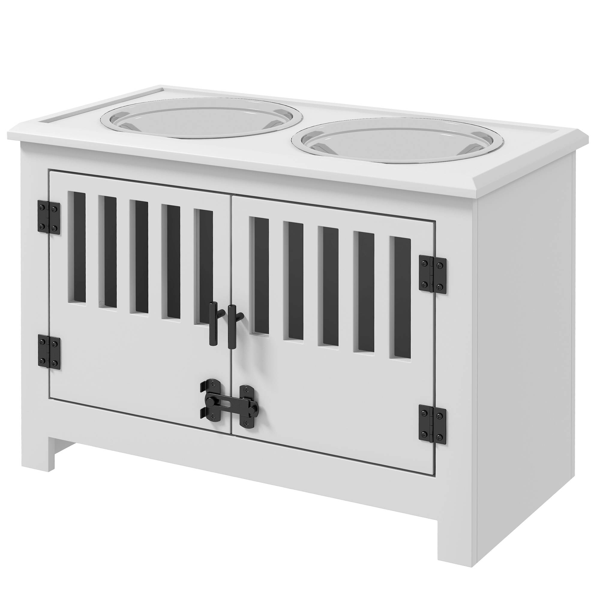 Gamelle surélevée pour chien avec 2 bols en acier inoxydable (2 x 2 L), un espace de rangement de 37 L et 2 portes à loquet, blanche. - Image 2