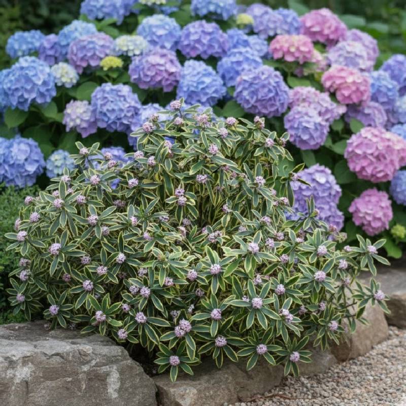 Daphne Marianni® 'Rogbret', Daphné panaché à fleurs Rose - feuillage Persistant - Godet - 5/20 cm-  hauteur à maturité De 1,00 m à 1,50 m - Imagen 3