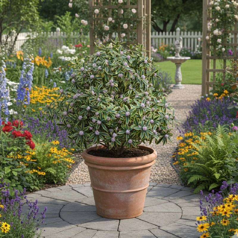 Daphne Marianni® 'Rogbret', Daphné panaché à fleurs Rose - feuillage Persistant - Godet - 5/20 cm-  hauteur à maturité De 1,00 m à 1,50 m - Imagen 4
