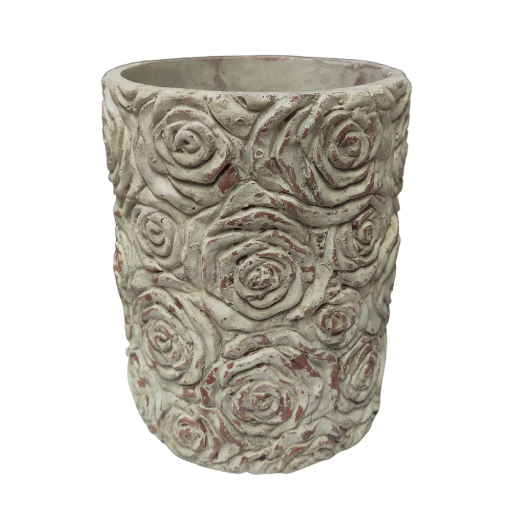 ~ Cache-pot "Roses en relief" en béton gris et bordeaux Ø 14.5 x 23 cm Chemin de campagne