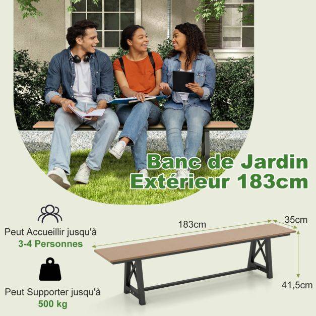 Helloshop26 - Banc de jardin d'extérieur en HDPE pour 3 à 4 personnes cadre en métal banc de patio sans dossier de 183 cm capacité de 500 kg marron - Imagen 4