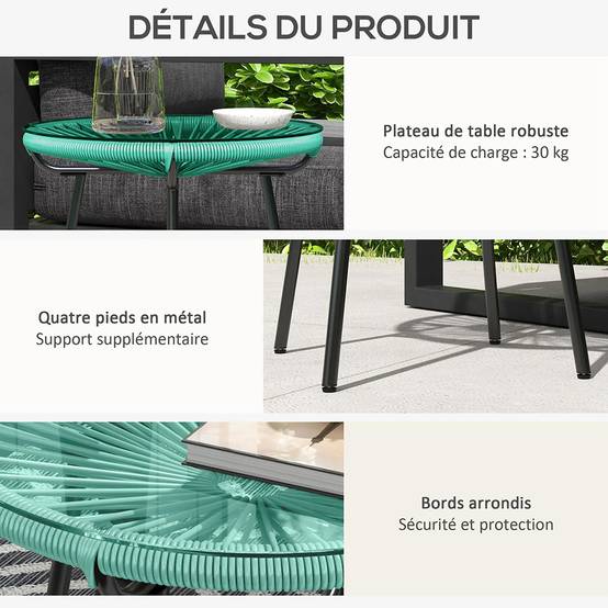 Table basse ronde de jardin en résine aspect rotin métal et plateau verre trempé Ø 50 x 50H cm - Image 7
