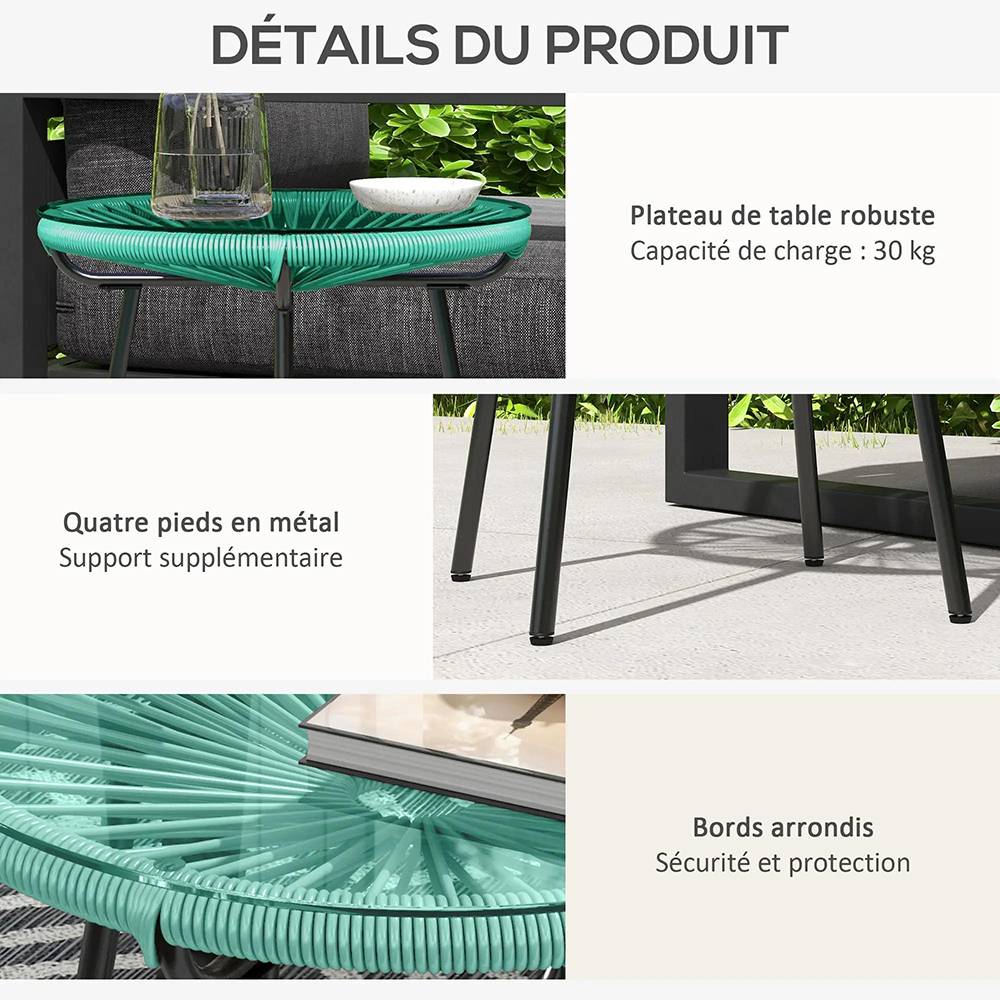 Table basse ronde de jardin en résine aspect rotin métal et plateau verre trempé Ø 50 x 50H cm - Image 7