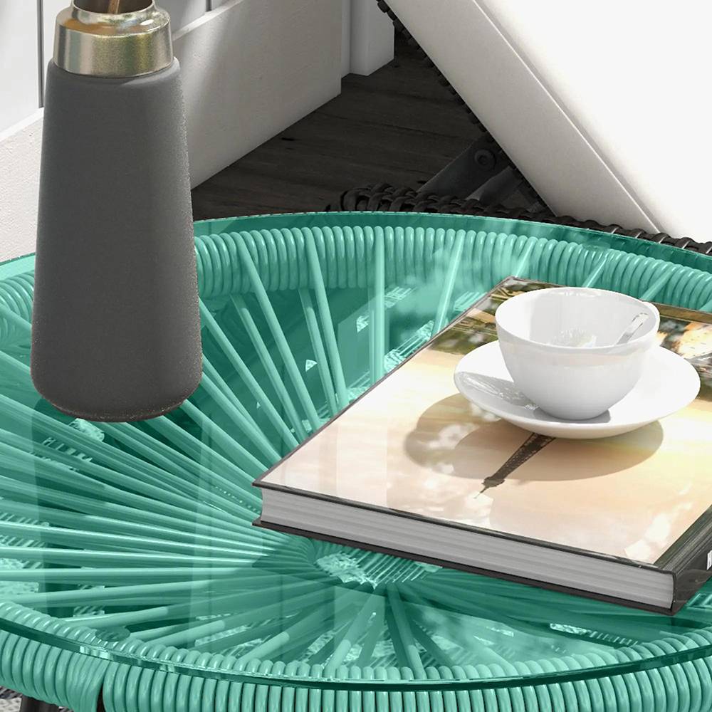 Table basse ronde de jardin en résine aspect rotin métal et plateau verre trempé Ø 50 x 50H cm - Image 3