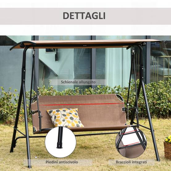 Balançoire de jardin terrasse 2 places, toit réglable métal et texteline, 172x110x155cm, marron - Image 8