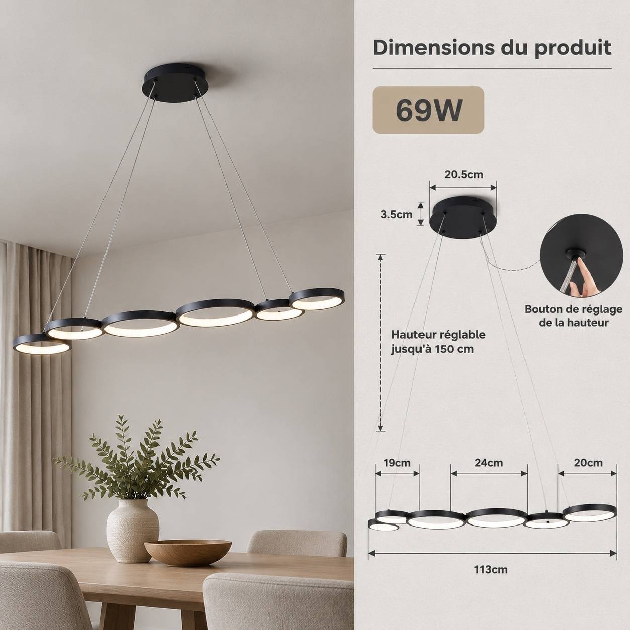 Suspension LED 6 Anneaux Dimmable Télécommande Ajustable - Image 5
